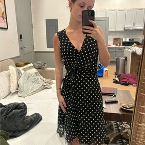 Celine Black Midi Wrap Dress with White Polka Dots